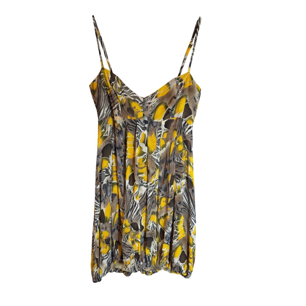 Marciano Silk Bubble Hem Mini Dress Yellow Brown Abstract Print Size M
